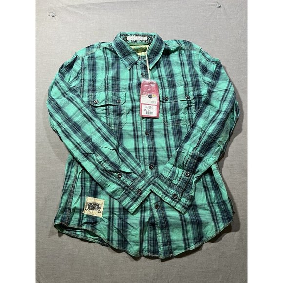 Denim Junkie Button Up Shirt Adult Medium‎ Green Plaid Pocketed Mens - Picture 1 of 11
